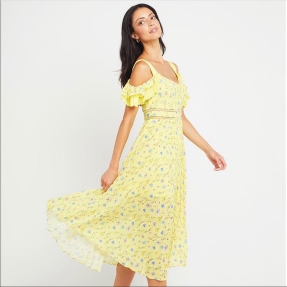 OPT Retsina Floral Print Pleated A-Line Midi Dress Size XS Yellow Cold Shoulder - Picture 12 of 13